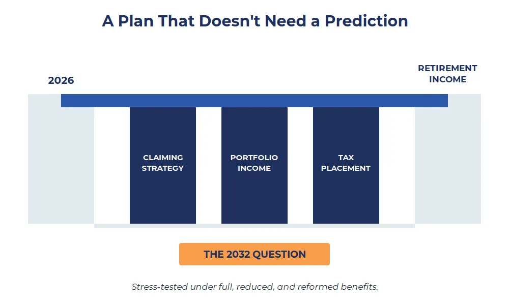A Plan That Doesn't Need a Prediction — bridge diagram with three pillars: claiming strategy, portfolio income, tax placement