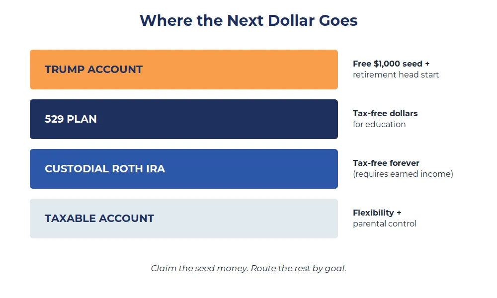 Where the Next Dollar Goes — four lanes: Trump Account, 529 plan, custodial Roth IRA, taxable account