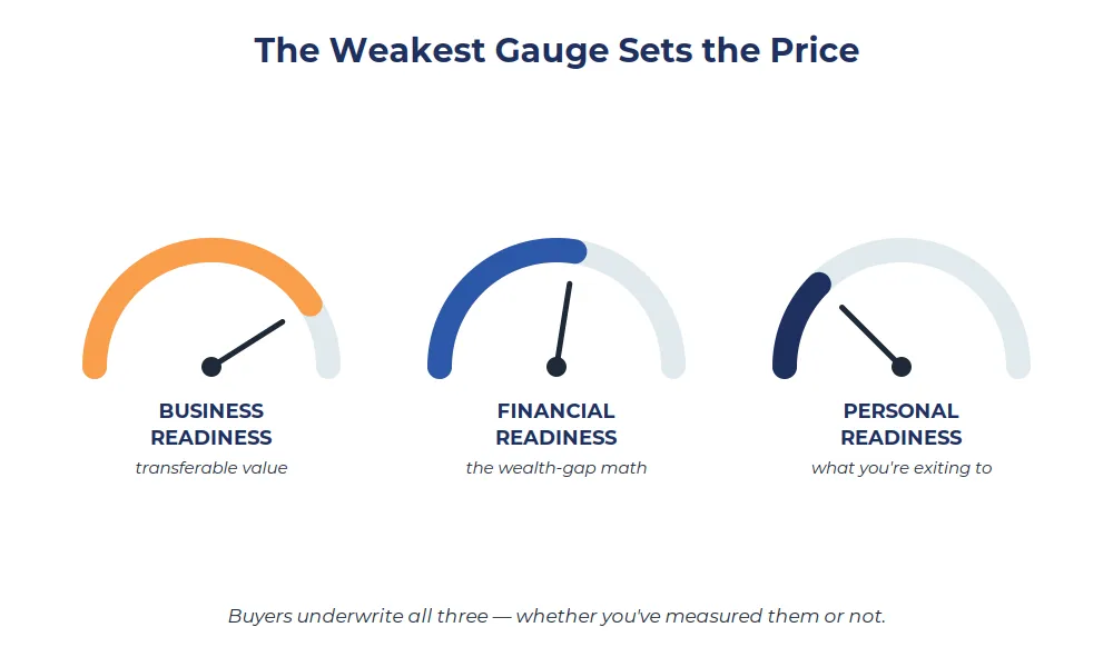The Weakest Gauge Sets the Price — three readiness gauges: business, financial, personal