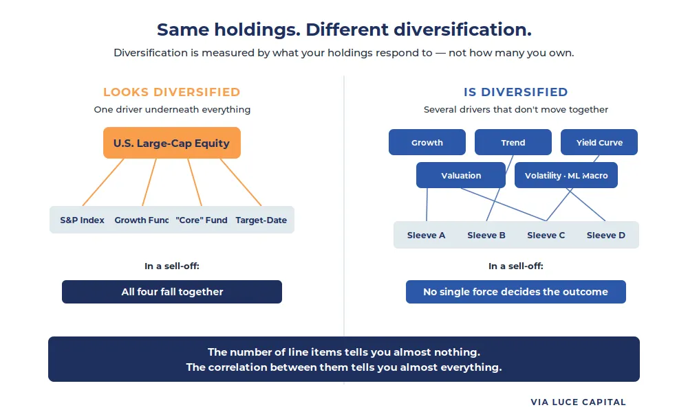 Same holdings, different diversification: on the left, four funds all tied to a single U.S. large-cap driver that fall together in a sell-off; on the right, the same sleeves distributed across several uncorrelated drivers — growth, trend, yield curve, valuation, volatility and ML macro — so no single force decides the outcome.